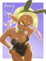 1girls artist_name bow breasts bunny_ears bunnysuit cleavage covered_navel detached_collar frye_(splatoon) inkling inkling_girl looking_at_viewer nintendo pointy_ears solo solo_female solo_focus splatoon splatoon_(series) splatoon_3 tanukichikushin tentacle tentacle_hair yellow_eyes yellow_hair