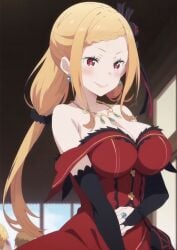 ai_generated bare_shoulders beautiful_female big_breasts blush braided_hair busty_female long_hair orange_hair priscilla_barielle re:zero_kara_hajimeru_isekai_seikatsu red_eyes red_hair royal solo_female voluptuous_female