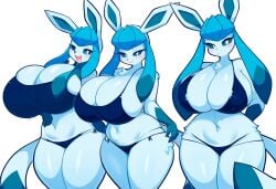 ai_generated anthro anthrofied big_breasts bikini blue_body blue_eyes blue_fur blush breasts canid cleavage clothed clothing curvy_figure eeveelution female fur generation_4_pokemon glaceon group hand_on_hip hellsonger hi_res huge_breasts looking_at_viewer mammal navel nintendo pokemon pokemon_(species) pokemorph simple_background smile swimwear thick_thighs voluptuous white_background wide_hips