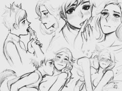 2girls blush breasts canon_couple duo emily_(overwatch) female female_only finger_licking freckles heart holding_hands kissing_hand kissing_neck licking_fingers monochrome multiple_girls neck_kiss overwatch overwatch_2 sketch tail tracer under-ignore yuri