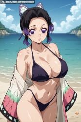 ai_generated aindroidparanoid beach big_breasts bikini breasts busty covered_nipples curvy demon_slayer female female_only huge_breasts kimetsu_no_yaiba kochou_shinobu large_breasts narrow_waist nipples petite purple_eyes purple_hair sexy shinobu short_hair slim_waist stable_diffusion standing voluptuous