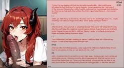 ai_generated blowjob cuddling demon demon_girl demon_horns femdom horns licking licking_penis long_hair male_pov malesub night office_lady office_worker red_hair story storyline succubus succubus_horns yellow_eyes