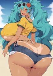 ai_generated areolae_visible_through_clothing ass_bigger_than_head back_view backboob bare_legs beach big_ass big_butt blue_eyes blue_hair brazil brazilian brazilian_female brazilian_miku earrings erect_nipples fat_ass flower_in_hair gigantic_ass gigantic_breasts hatsune_miku huge_breasts huge_thighs long_hair looking_back massive_ass massive_breasts milkersenjoyer puffy_nipples short_shorts smiling solo_female squatting sunglasses sunglasses_on_head sweat sweatdrop t-shirt tan-skinned_female tan_body tanned_female tanned_skin thick_body thick_female thick_thighs thighs thighs_bigger_than_head twintails very_long_hair vocaloid voluptuous voluptuous_female