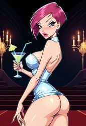 4kids_entertainment ai_generated ass blush buttocks elegant_dress holding_drink indoors nickelodeon no_panties rainbow_(animation_studio) sideview tecna tecna_(winx_club) winx_club zfivefan