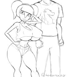 anon bimbo braces cheating_girlfriend_(totonaito) choker daisy_dukes faceless_male freckles freckles_on_face huge_breasts monochrome simple_background sketch tiny_waist totonaito twintails underboob useless_clothing wide_hips