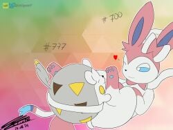 4:3 abstract_background absurd_res ambiguous_gender balthysstuff closed_eyes duo eeveelution generation_6_pokemon generation_7_pokemon hi_res nintendo one_eye_closed pokemon pokemon_(species) ribbons simple_background smile sylveon togedemaru wink