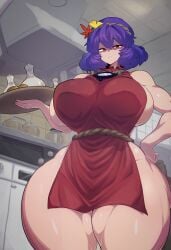 1girls 2d ai_generated bare_shoulders below_view big_breasts breasts breasts_bigger_than_head female food_tray goddess hair_ornament hand_on_hip hips holding_tray kanako_yasaka kitchen leaf_on_head looking_at_viewer muscular_thighs purple_hair red_eyes shadowed_eyes shiny_skin short_hair smakiel solo source tabard tabard_only thick_thighs thighs touhou tray unamused waitress wide_hips