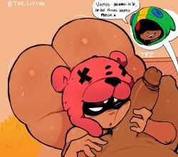 1boy 1girls big_ass big_butt brawl_stars brother_and_sister brown_skin brown_skinned_female brown_skinned_male curved_to_the_right_penis dark-skinned_female dark-skinned_male dark_skin female handjob incest leon_(brawl_stars) male male/female nita_(brawl_stars) penis saliva saliva_string siblings spanish_text trz_lettuce