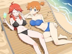 2girls adjusting_eyewear ahoge asymmetrical_hair bare_legs bare_shoulders barefoot beach beach_chair bikini black_bikini blue_bikini blue_eyes blush breasts chair cleavage closed_mouth creatures_(company) cup day drink drinking_glass feet game_freak glasses hair_tie highres holding holding_cup huge_breasts inkapple kasumi_(pokemon) large_breasts legs long_hair looking_at_viewer lorelei_(pokemon) lounge_chair lying multiple_girls navel nintendo ocean on_side one_eye_closed orange_hair outdoors pokemon pokemon_(anime) pokemon_(classic_anime) pokemon_rgby ponytail red_eyes red_hair sand shiny_skin short_hair short_ponytail side_ponytail smile strapless strapless_bikini swimsuit thighs v water