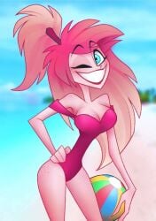 artist_request beach beach_background beach_ball blue_eyes cherri_bomb cherri_bomb_(hazbin_hotel) freckles freckles_on_thighs hazbin_hotel human pink_hair source_request thick_thighs thin_waist winking winking_at_viewer