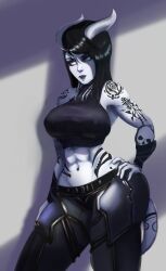 black_hair capernian demon demon_girl demonic elyria goth goth_girl horns oc tail tattoo tattoos white_skin