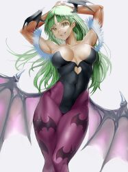 1girls armpits arms_behind_head bat_wings big_breasts breasts busty capcom cleavage confident covered_navel darkstalkers demon_girl female female_only green_eyes green_hair grin highres large_breasts legs long_hair looking_at_viewer morrigan_aensland pose posing sensual smile solo succubus thick_thighs thighs toned wings