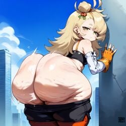 1female 1girls ai_generated ai_hands ass ass_clapping blonde_hair cellulite clapping_ass clapping_cheeks detached_sleeves fat_ass gloves green_eyes hair_accessory hair_ornament huge_ass long_hair mihoyo pants_down piper_wheel pout pouting shaking_ass shaking_butt shorts shorts_down thong tubetop zenless_zone_zero