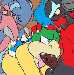 3boys anal anal_sex animal_genitalia anthro brown_background crossover fellatio furry koopaling larry_koopa machv99 male male_only mario_(series) multiple_boys nintendo oral penetration pokémon_(species) pokemon sex simple_background video_games yaoi young zavok