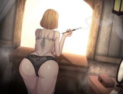 ass blonde_female blonde_hair blonde_hair claire's_quest dat_ass dystopian_project female female_only on_back panties short_hair window