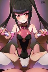 1boy black_hair blunt_bangs breasts covered_erect_nipples covered_navel cowgirl_position female gloves leotard long_hair looking_at_viewer pink_eyes pink_leotard pov senki_zesshou_symphogear shiny_clothes shiny_skin skin_tight small_breasts smile solo_focus straddling thighhighs tsukuyomi_shirabe twintails uganda_(ugandam_00)