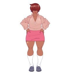 1girls big_breasts earrings female hands_on_hips heart heart king_of_fighters long_hair long_sleeves long_socks looking_at_viewer pink_skirt pov red_hair shermie_(kof) shoes skirt smile smiling_at_viewer tan tan_body tan_skin thick thick_legs thick_thighs thighs tied_hair