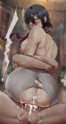 1boy 1girl age_difference aged_up attack_on_titan big_ass big_breasts cum_in_ass cum_in_pussy cumshot edit edited_image falco_grice huge_cock large_penis lipstick_on_balls mikasa_ackerman post-timeskip shexyo shingeki_no_kyojin stretched_pussy thick_cum