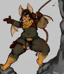 2017 3_fingers 3_toes :3 action_pose anthro bag barefoot bat belly biped black_clothing black_fur black_hair black_penis blush body_hair brown_clothing brown_eyes brown_fur chest_tuft claws cliff clothing coin crop_top dagger deep_navel digital_media_(artwork) digital_painting_(artwork) digitigrade embarrassed exposed fangs flaccid fluffy flying_sweatdrops full-length_portrait fur gold_(metal) gold_coin grey_background guwu hair happy_trail hi_res hindpaw holding_object hoodie humanoid_hands looking_at_penis looking_down male male_only mammal markings melee_weapon membranous_wings multicolored_fur multicolored_hair navel object_in_mouth outside overweight overweight_male paws penis pointing portrait red_hair rope sev_(pelao0o) shirt short_hair signature simple_background socks_(marking) solo spread_wings standing sweat sweatdrop thong toe_claws toes tuft two_tone_fur two_tone_hair underwear underwear_aside wardrobe_malfunction weapon wings