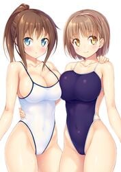 2girls blue_eyes blush breasts brown_hair cleavage competition_swimsuit female female_only highleg ichi_makoto kazuma_(kazumav) looking_at_viewer oc one-piece_swimsuit original original_character school_swimsuit short_hair swimsuit tagme thighs wet