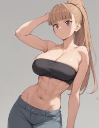 1girls ai_generated bandeau brown_eyes brown_hair cleavage high_ponytail large_breasts long_hair pants ponytail supergetthi