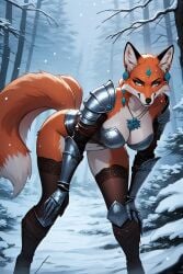 aedel_elves aedel_hentai aedel_sfw ai_generated anthro armor armored armored_female armour bending bending_down bending_forward bending_over bent_over earrings fantasy forest fox fox_ears fox_girl fox_tail furry furry_ears furry_female furry_tail ice knight lingerie snow stockings