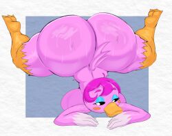 2024 anatid animal_crossing anseriform anthro ass avian beak big_butt biped bird bodily_fluids breasts duck eyeshadow female hair hi_res huge_butt looking_at_viewer makeup miranda_(animal_crossing) nintendo nude pink_body pink_hair purple_yoshi_draws short_hair solo suggestive_look suggestive_pose sweat sweaty_butt