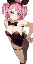 1girls bowtie bowtie_collar bunny_ears bunny_suit bunnysuit collar doki_doki_literature_club female female_only fishnets leotard natsuki_(doki_doki_literature_club) nerunemuteto pink_eyes pink_hair solo thigh_strap