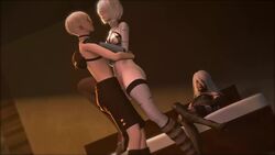 1boy 2girls 3d animated asian ass ass_slap balls cosplay erection female female_masturbation female_with_female fringe indoor_sex indoors kaine_(nier)_(cosplay) large_ass light-skinned light-skinned_female light-skinned_male male male_with_female masturbation nier:_automata nier_(series) nier_replicant pale_skin penis pussy secazz sex shorter_than_30_seconds sound source_filmmaker spanking square_enix standing standing_sex straight topless topless_male uncensored vaginal_penetration video white_hair wide_hips yorha_2b yorha_9s yorha_a2