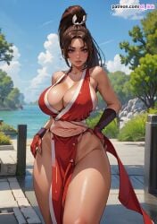 1girls ai_generated big_breasts brown_eyes brown_hair female gloves hair_ornament hand_on_hip huge_breasts king_of_fighters light-skinned_female light_skin long_hair mai_shiranui outdoors outside s8link thick_legs tied_hair wide_hips