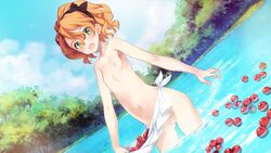 blush censored cloud cloudy_sky collarbone dutch_angle eiyuu_senki eiyuu_senki_gold female flat_chest game_cg green_eyes hair_ribbon hairband happy looking_at_viewer mosaic_censoring navel nipples nude ooyari_ashito open_mouth orange_hair ribbon short_hair sky solo tree water ywain_(eiyuu_senki)