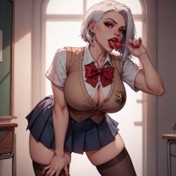 ai_generated ashe_(overwatch) bending_forward big_breasts classroom cleavage eogard_orc licking lollipop overwatch school_uniform schoolgirl seductive white_hair