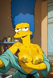 1girls 20th_century_fox 20th_century_studios ai_generated armpit_hair bathroom big_breasts blue_hair female hair_blue hairy human marge_simpson mewgirl milf selfie the_simpsons wet yellow_body