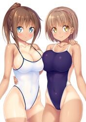 2girls blue_eyes blush brown_hair cleavage competition_swimsuit ichi_makoto kazuma_(kazumav) multiple_girls oc one-piece_swimsuit original original_character school_swimsuit short_hair smile swimsuit tagme tan tanline tanned tanned_skin wet