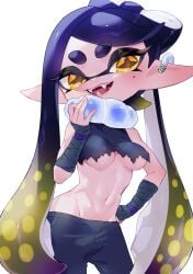 1girls black_legwear black_pants breasts callie_(splatoon) cosplay inkling inkling_girl long_hair looking_at_viewer mole mole_under_eye navel new_agent_3_(splatoon) nintendo open_mouth pointy_ears simple_background solo solo_female solo_focus splatoon splatoon_(series) splatoon_3 splatoon_3:_return_of_the_mammalians tentacle tentacle_hair two_tone_hair underboob vaz_999 white_background