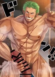 1boy abs balls bara big_chest big_penis blush censor_bar censored censored_penis censored_testicles earrings eight_pack erection gay green_hair grin hi_res holding_penis looking_at_viewer male male_only mofnyan muscles muscular muscular_arms muscular_legs muscular_male muscular_thighs one_piece pecs pubic_hair roronoa_zoro scar scar_on_chest short_hair six_pack solo standing steam steaming_body sweat sweatdrop sweating sweaty text thick_penis vein veiny_penis