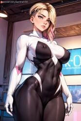 ai_generated big_breasts big_breasts blonde_hair blue_eyes blush breasts breasts cameltoe curvy female female_only fit fit_female gwen_stacy large_breasts marvel marvel_cinematic_universe marvel_comics navel navel_visible_through_clothes nipple_bulge nipples_visible_through_clothing outdoors solo solo_female spider-gwen spider-man:_across_the_spider-verse spider-man:_into_the_spider-verse spider-man_(series) superheroine supr3metr voluptuous voluptuous_female