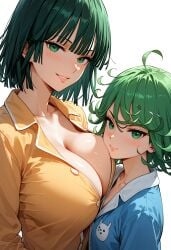 2girls ai_generated breast_size_difference breasts female flyingpancake fubuki_(one-punch_man) green green_eyes huge_breasts light-skinned_female light_skin naughty_face one-punch_man pajamas sisters small_breasts tatsumaki