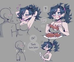 ? bare_shoulders beemer blush blush_lines blush_stickers blushing boobs breasts cleavage eating eating_food english_text female_focus food glasses heart hearts lady_boober ribs speech_bubble text text_bubble