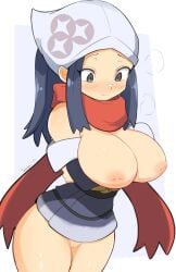 1girls akari_(pokemon) alternate_breast_size black_eyes blue_hair boob_hat breast_on_head breasts clothing female functionally_nude funny headscarf huge_breasts human jellcaps light-skinned_female light_skin long_hair medium_breasts naked nintendo pokémon_(species) pokemon pokemon_(species) pokemon_legends:_arceus pussy slim_waist thick_thighs thighs wide_hips