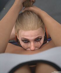 1futa 1girls 3d all_the_way_to_the_base blonde_hair blue_eyes breasts cassie_cage crying crying_with_eyes_open deepthroat fellatio female futa_on_female futanari hi_res high_resolution highres large_breasts looking_at_viewer mortal_kombat netherrealm_studios pov pov_eye_contact red_eyes runny_makeup shizzyzzzzzz simple_background tears