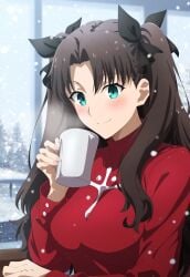 1girl ai_generated blue_eyes blush coffee dark_hair fate/stay_night fate_(series) only_female smile tofuro tohsaka_rin