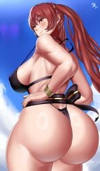 arcedo ass ass ass_focus beach bikini breasts commission female female_only fire_emblem fire_emblem_awakening hand_on_hip heavenly_ass looking_at_viewer looking_back massive_ass nintendo red_eyes red_hair severa_(fire_emblem) sideboob solo_female swimsuit twintails