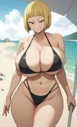 ai_generated bare_legs beach bikini bikini_top black_eyes blonde_hair gigantic_breasts haikyuu!! huge_breasts huge_thighs light-skinned_female light_skin looking_at_viewer massive_breasts milkersenjoyer naughty_face short_hair shounen_jump smiling solo_female squatting sweat tanaka_saeko_(haikyuu!!) thick_body thick_female thick_thighs thighs voluptuous voluptuous_female