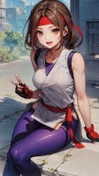 1girls ai_generated bandana belt braid female gloves hand_gesture karate_gi king_of_fighters light-skinned_female light_skin long_hair looking_at_viewer medium_breasts open_mouth outdoors outside sitting street tied_hair yoga_pants yuri_sakazaki