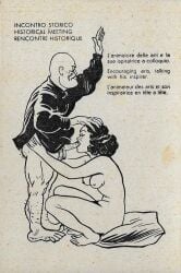 1boy 1girls 2d 2d_(artwork) bald balls bare_feet barefoot benito_mussolini black_hair blowjob boots bottomless breasts bushy_hair curly_hair dark_hair english_text fascism fascist feet fellatio female french_text history human italian_text light-skinned_female light-skinned_male light_skin medium_hair muscular muscular_male nude oral penis pillow political_cartoon salute sitting uniform world_war_2