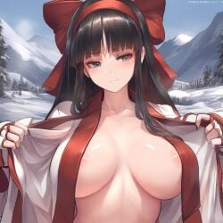 1girls ai_generated ainu_clothes areola_slip big_breasts black_hair blue_eyes breasts busty cleavage clothes_pull female fingerless_gloves hair_ribbon half-closed_eyes hi_res king_of_fighters large_breasts long_hair looking_at_viewer nakoruru nature no_bra open_clothes opened_by_self pulled_by_self samurai_shodown sensual snk snow teasing voluptuous