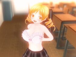 animated big_breasts blonde_hair bra breast_squeeze drill_hair fondling fondling_breast happy no_shirt open_mouth puella_magi_madoka_magica skirt tomoe_mami twintails yellow_eyes