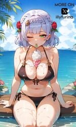 abdomen ai_generated bangs beach beach_background bikini bikini_bottom bikini_top breasts closed_eye eating_ice_cream female female_focus female_only femele genshin_impact green_eyes hair_ornament ice_cream ice_cream_on_breasts illyfurina legs_together looking_at_viewer medium_boobs medium_breasts navel noelle_(genshin_impact) pale-skinned_female pale_skin seducing seduction seductive seductive_body seductive_eyes seductive_gaze seductive_look seductive_mouth seductive_pose seductive_smile short_hair sitting skinny skinny_girl smile smiling smiling_at_viewer stable_diffusion thighs waifu waifu_diffusion waist watermark white_hair woman_focus woman_only