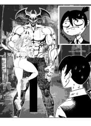 1girls 2boys akira_fudou alternative_version big_ass big_penis black_and_white censor_bar censored censored_genitalia censored_penis chainsaw_man crossover demon devil devilman devilman_(character) funny greyscale half-dressed hayakawa_aki hetero hyper_penis looking_scared meme monochrome pixiv_id pixiv_link power_(chainsaw_man) pulling_panties size_difference straight sweating